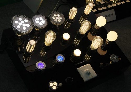 A variety of lit LED light bulbs.