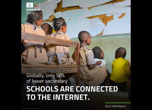 An image of a class of students sitting on the floor and on a rough wooden bench looking at a tattered whiteboard. The caption reads, 'Globally, only 50% of lower secondary schools are connected to the internet.