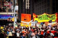 People protesting against fossil fuels in New York City on Sunday.