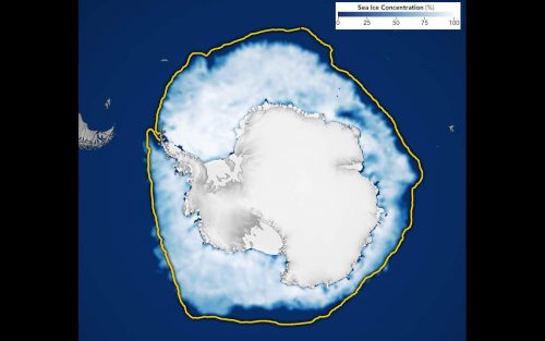 Antarctica's 2023 maximum extent compared to the average maximum ice extent from 1981-2010.