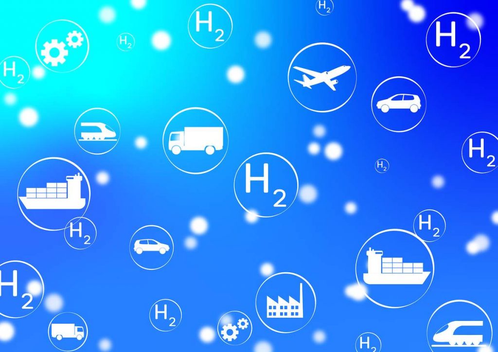 A graphic showing icons for various methods of transportation and hydrogen (represented by H2) in bubbles on a blue background.