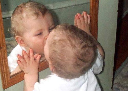 A baby standing in front of a mirror, kissing it. Even humans don't usually pass the mirror test until they are about a year and a half old.
