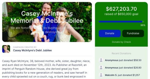 Screenshot showing the fundraising status of Casey McIntyre's medical debt fundraiser.
