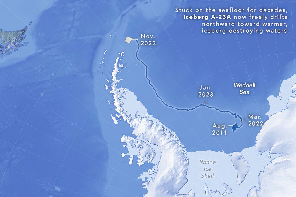 The course of iceberg A23a from August, 2011 through November, 2023 as mapped by the NASA Earth Observatory.