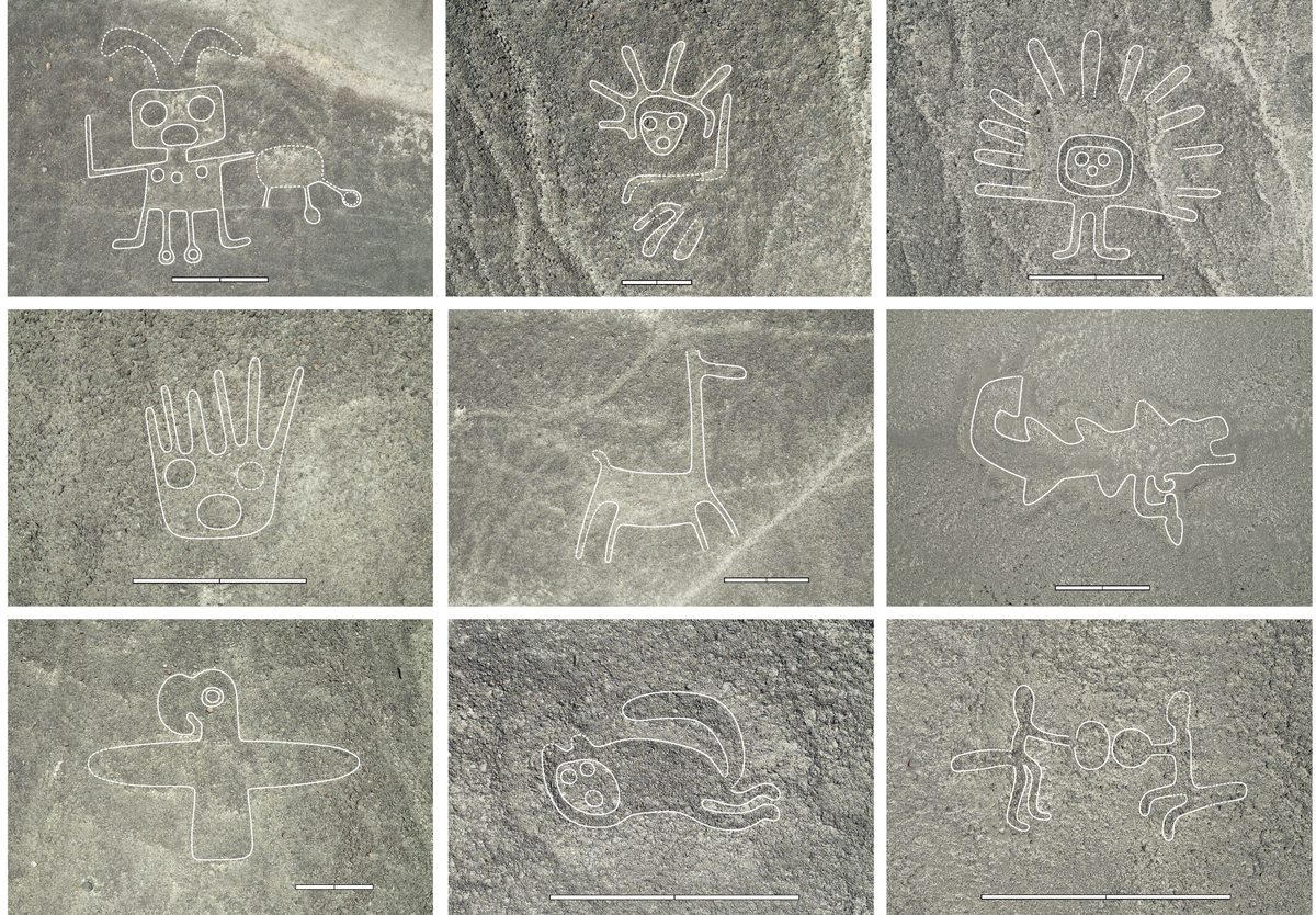 A collection of new Nazca petroglyphs discovered by scientists with the help of artificial intelligence and drones. The geoglyphs are outlined to make them easier to see.