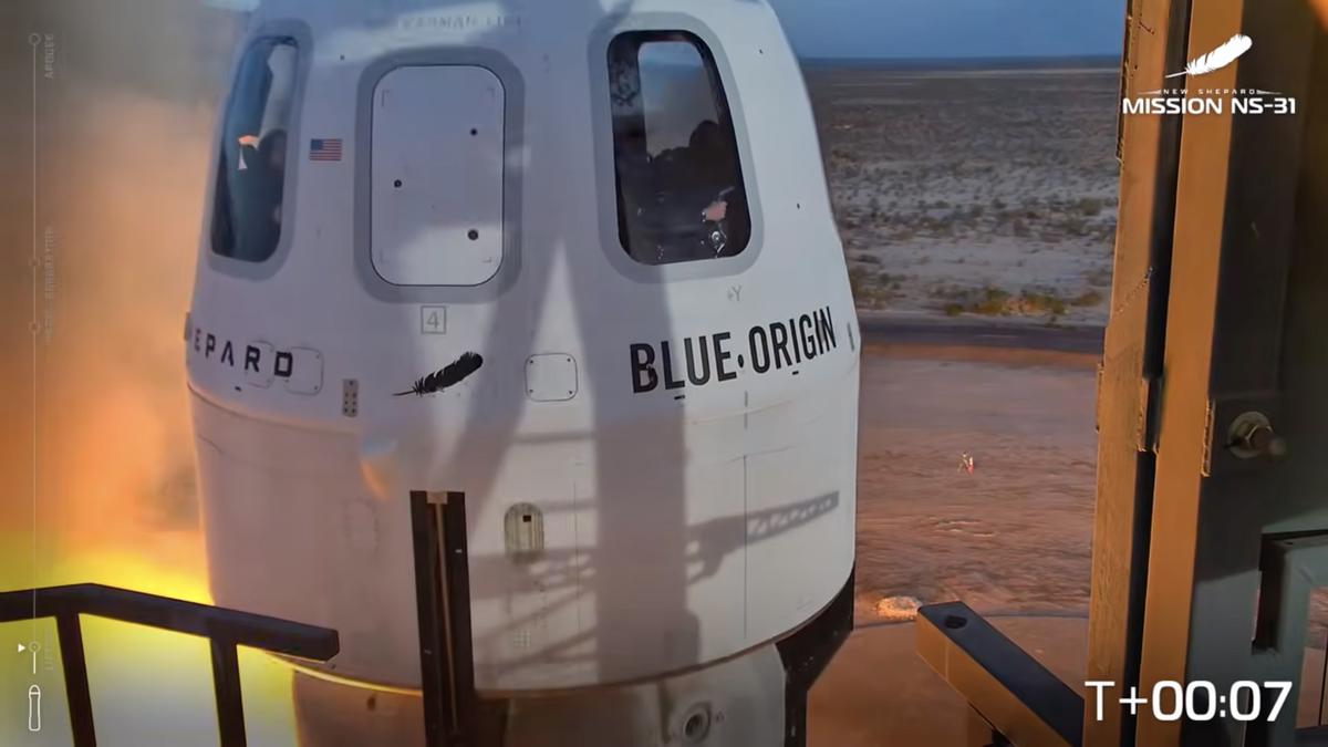 The spacecraft took off from Texas on Monday morning for a flight that would last just 10 minutes and 21 seconds. Above, the capsule, which held the women, can be seen as the rocket is taking off.