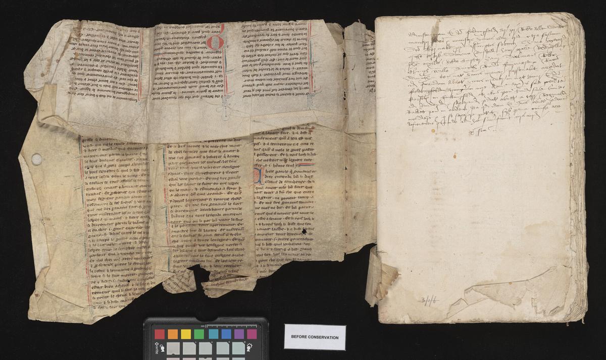 Digital photograph taken before conservation: Inner left cover - Folio 1 appears in the turn-in at the head edge of the front cover and on the outer front cover.