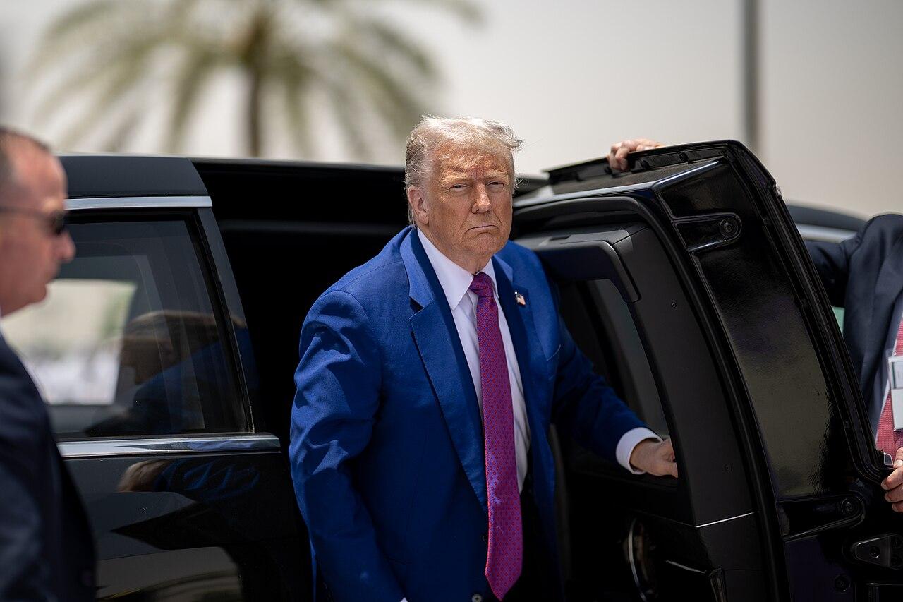 President Donald Trump seen stepping out of a limo as he prepares to participate in a welcome ceremony with Saudi Crown Prince Mohammed Bin Salman Al Saud at the Royal Court Palace in Riyadh, Saudi Arabia, Tuesday, May 13, 2025.