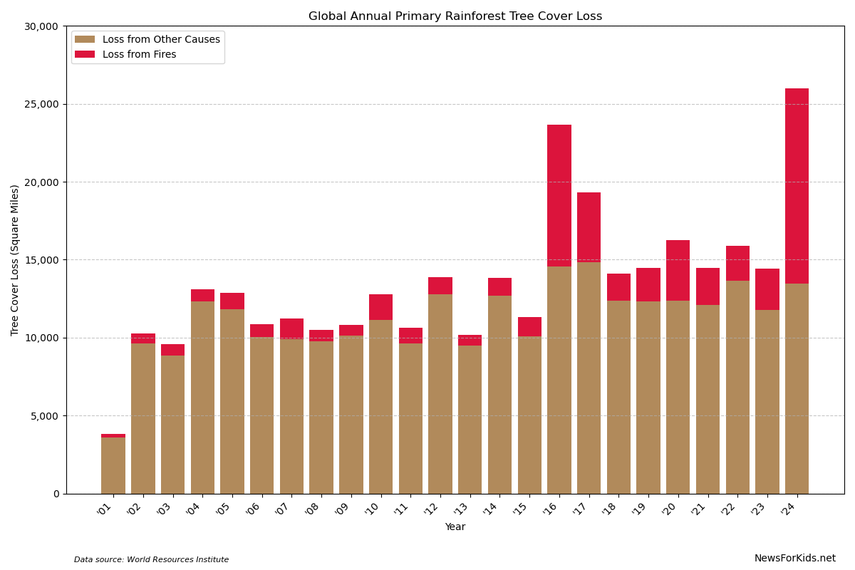 A bar chart showing the loss of primary tropical forest (rainforest) due to fires and other causes between 2001 and 2024.