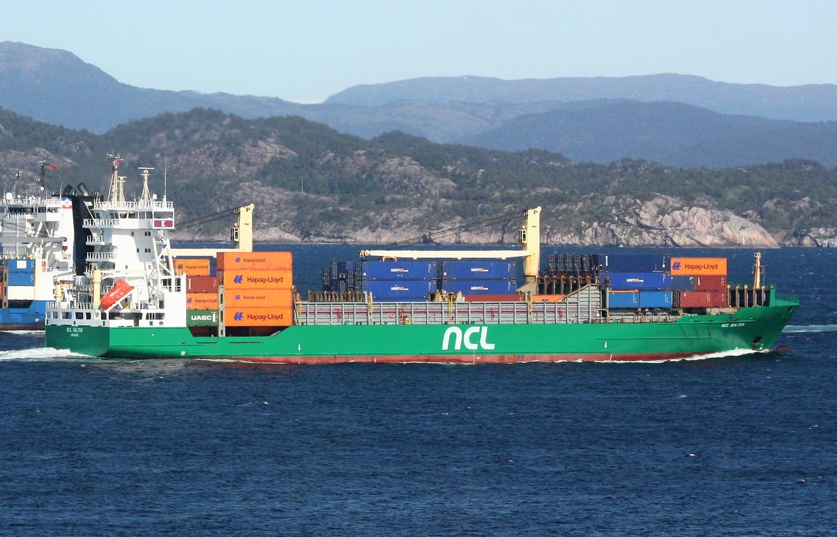 The container ship NCL Salten is seen fully loaded at sea.
