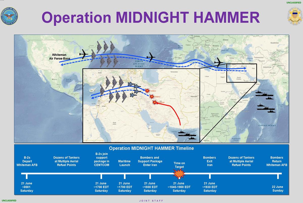 A map showing how US planes and submarines carried out a bombing attack on three nuclear sites in Iran.