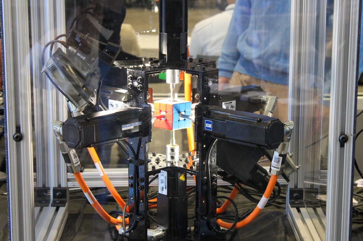 A close view of Purdubik’s Cube—a high-speed robotic system that can solve a scrambled Rubik’s Cube in just 0.103 seconds.
