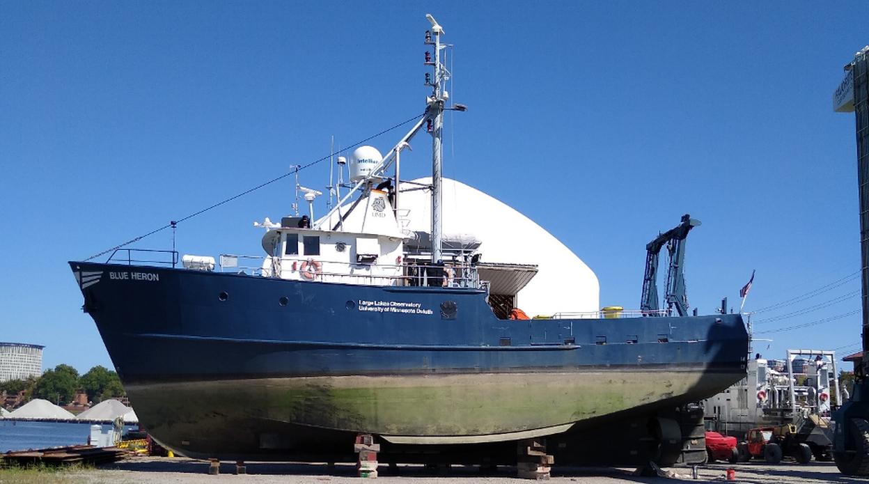 The R/V Blue Heron is seen in dry dock.