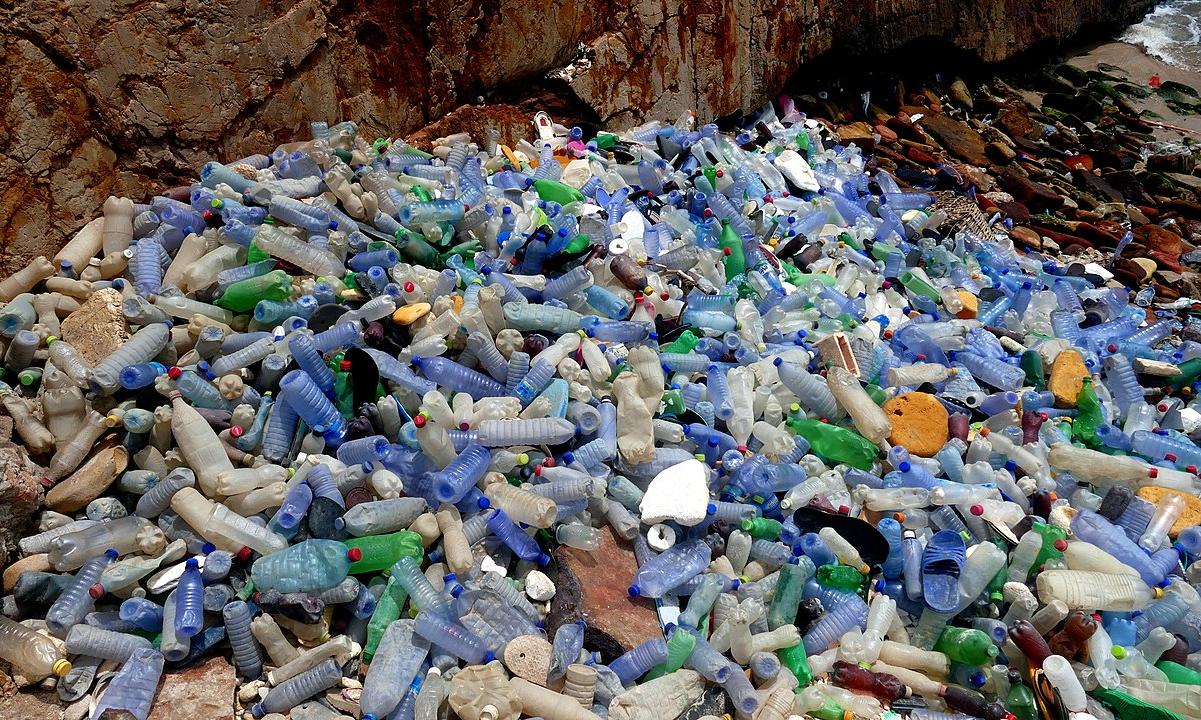 PET bottles and plastic waste - beach litter on the coast of West Africa's Upper Guinea.