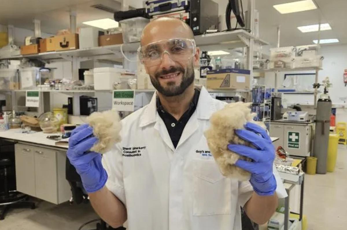 Dr. Sherif Elsharkawy holds up wool at his lab.