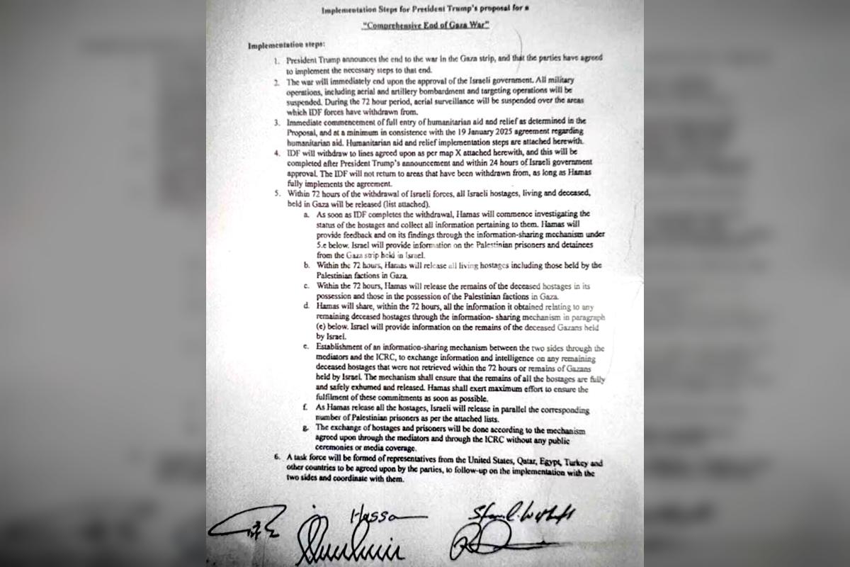 A black and white image of a signed document outlining Implementation Steps for President Trump's Proposal for a Comprehensive End of Gaza War