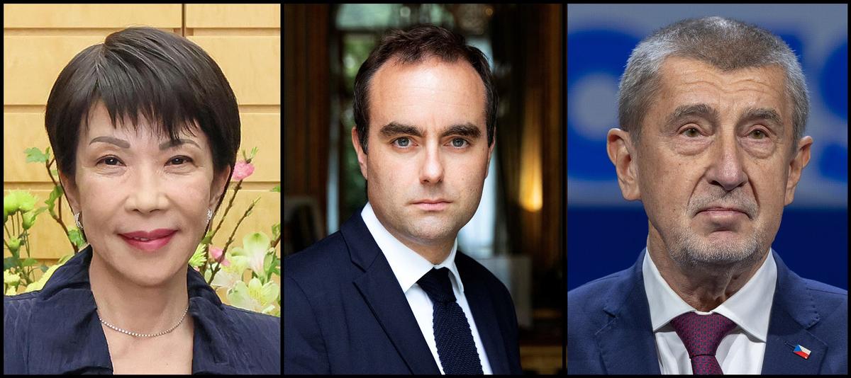 A composite image showing Sanae Takaichi, Sebastien Lecornu, and Andrej Babis.