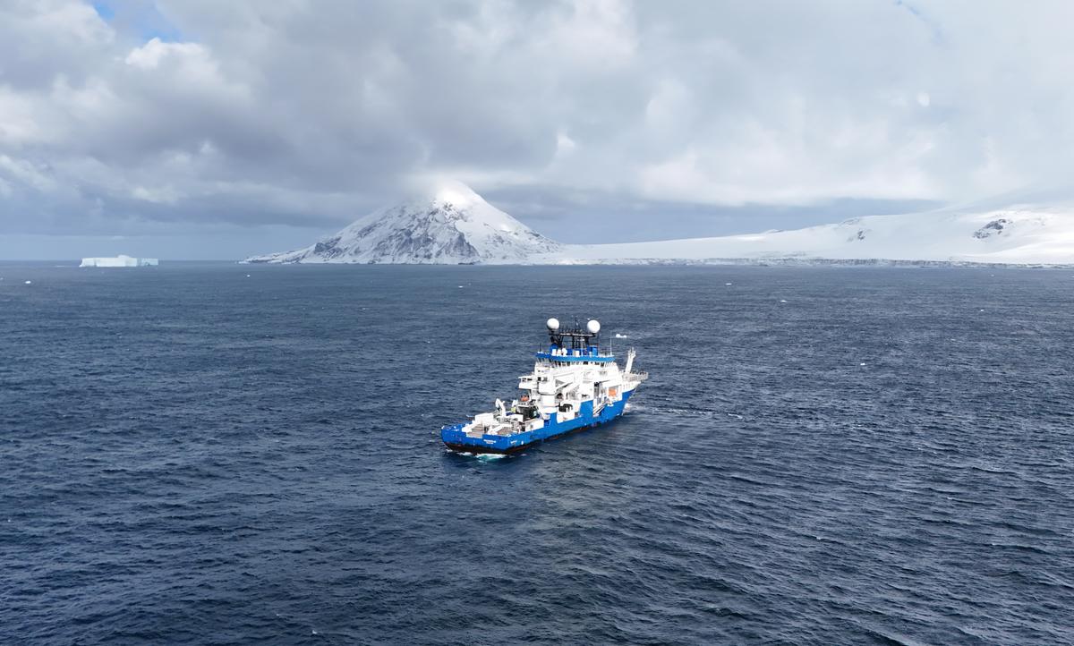 Schmidt Ocean Institute's research Vessel RV Falkor (too), at the South Sandwich Islands, during the 2025 expedition.