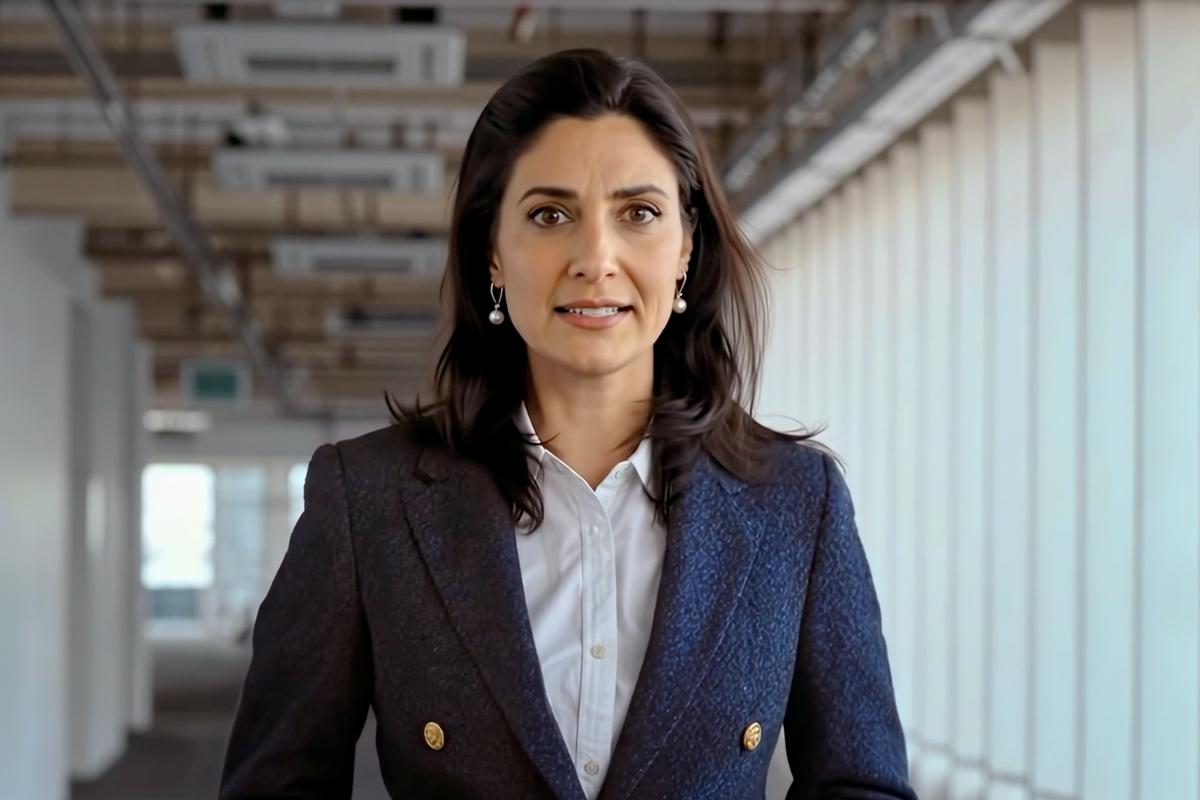 An image of the AI-generated presenter Aisha Gaban on Channel 4’s show Will AI Take My Job? A serious-looking brunette in a blazer looks into the camera.