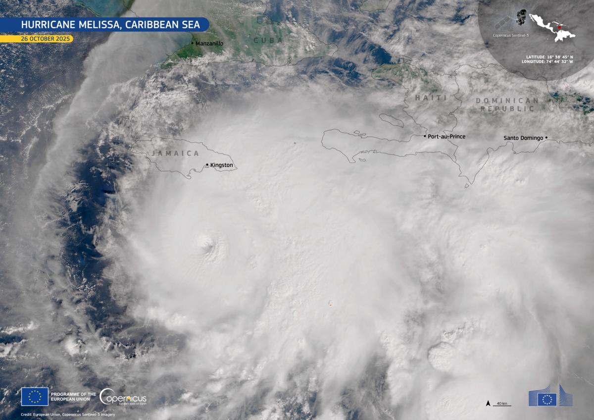 This image, acquired by one of the Copernicus Sentinel-3 satellites on 26 October 2025, shows the eye of Hurricane Melissa approximately 175 km south of Kingston, Jamaica. A huge white swirling cloud can be seen from above, and the labeled outlines of Jamaica, Haiti, and the Dominican Republic are overlaid.