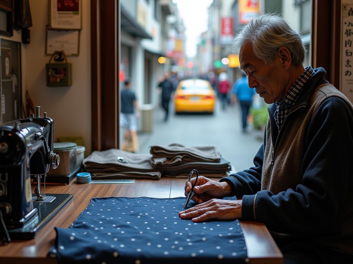This image seems realistic. But the tailor is supposed to be cutting the cloth with scissors, and it's clear that the scissors aren't quite right. An elderly Japanese tailor holds a pair of scissors over some fabric. But the scissors only have a single hand loop instead of two, and the tailor is holding them like a pencil.