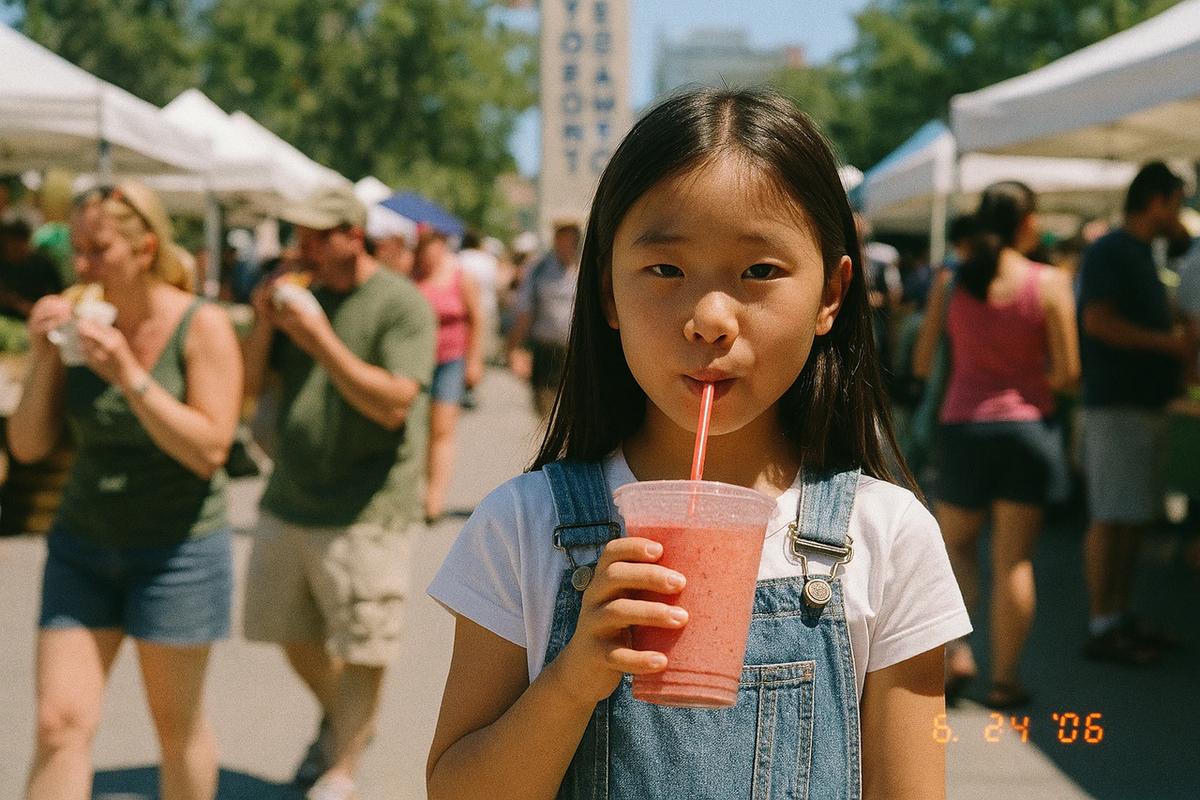 AI image created from the prompt: Generate a photorealistic image of farmer's market in Toronto on a Saturday in summer 2006. The image shows an Asian girl of about 10 sipping a red smoothie from a plastic cup. In the blurred background can be seen people in shorts shopping at various tents.