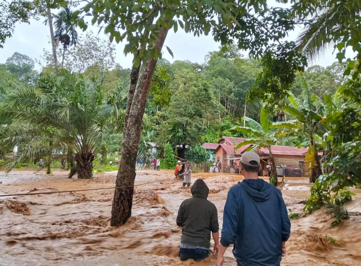 Floods in Padangsidimpuan, North Sumatra on 26 November 2025 caused by Cyclone Senyar. In the image, a couple in the foreground wade through rushing brown water that's nearly waist deep, walking toward rescuers in the background holding onto a rope for safety. There are simple houses in the background, and the water races around palm trees.