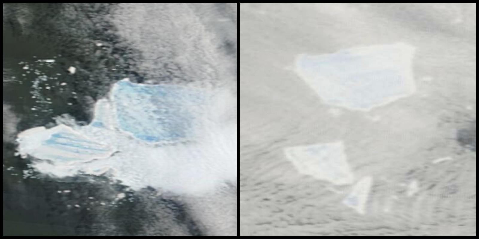 Satellite images captured on January 13 (left) and January 21 (right), show iceberg A-23A breaking up in Southern Ocean waters.