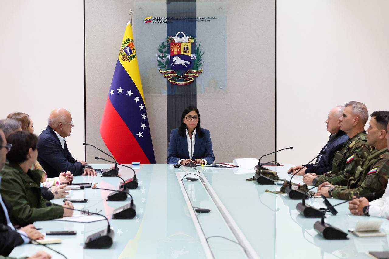 Vice President Delcy Rodríguez at a government meeting of Venezuela in the aftermath of the capture of President Nicolás Maduro.