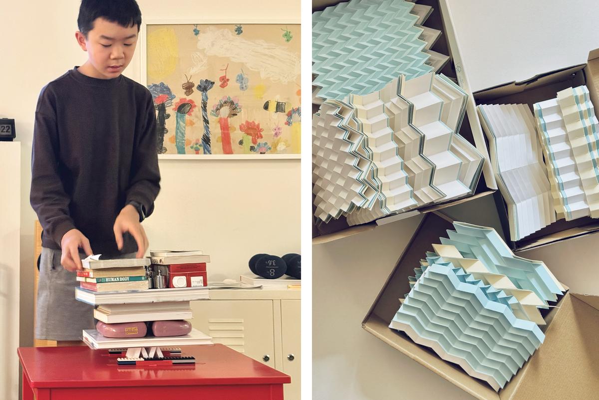 In this split frame image, Miles Wu is seeing at left testing how much weight his origami structure can support. At right is a collection of differently folded pieces of paper.