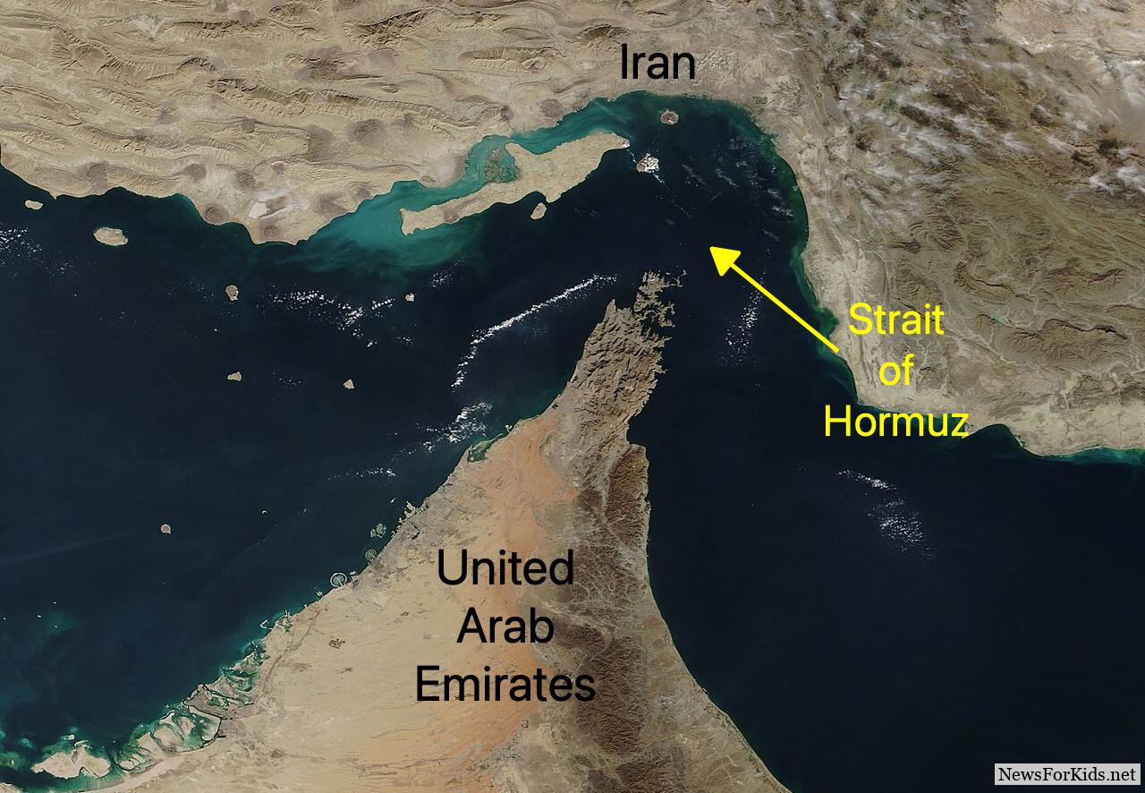 The Moderate Resolution Imaging Spectroradiometer (MODIS) on board NASA’s Terra satellite acquired a stunning true-color image of the Strait of Hormuz and the Musandam Peninsula on December 6, 2018. A labeled satellite image showing the Strait of Hormuz with Iran above and the United Arab Emirates below.