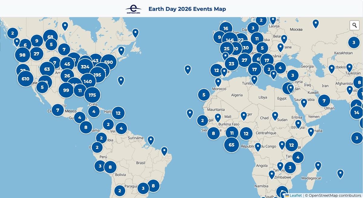 A map showing the locations of some of the 10,000 activities planned for Earth Day, 2026.