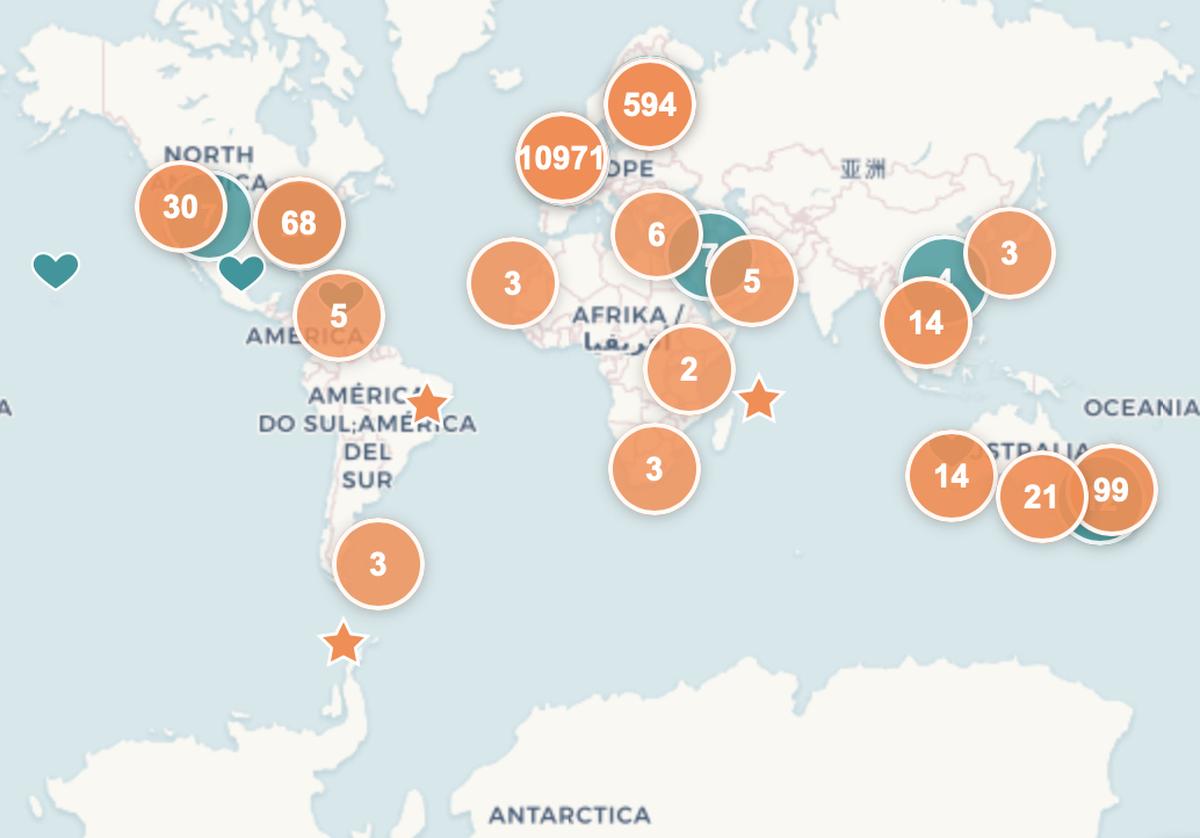 Screenshot of a global map showing how many Kirstys have signed up at MyNameIsKirsty.com.
