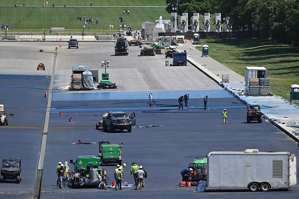 In time for the United States Semiquincentennial the Reflecting Pool between the Lincoln Memorial and the World War II memorial is being painted a deep blue. This is a view looking towards the WWII memorial Two people are spraying blue paint on the pool floor in the middle right of the photo. National Mall, Washington, DC May 15, 2026.