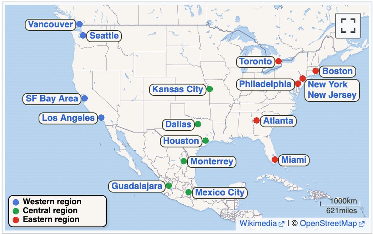 Map showing the locations of the venues for the 2026 FIFA World Cup.