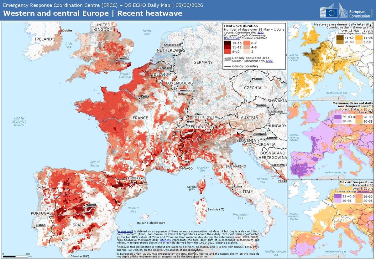 Map showing high temperatures during a recent heatwave in Western and central Europe, week of June 3, 2026. The orange, red, and black colors indicate how long the heat wave has lasted.