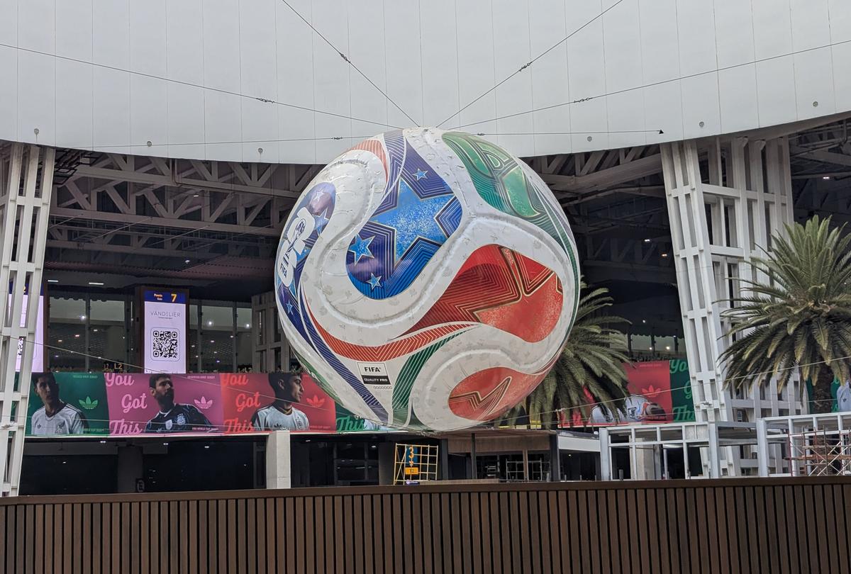 A giant replica of the Adidas Trionda soccer ball at Terminal 2 of Mexico City International Airport.