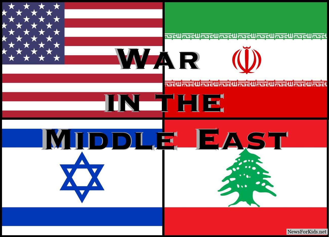 A collage of the flags of the US, Iran, Israel, and Lebanon with the words "War in the Middle East" superimposed.