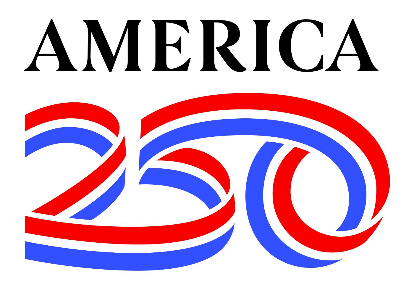 Logo of America250, the group coordinating the celebration commemorating the 250th anniversary of the founding of the United States. the image shows the word "AMERICA' in black above a swooping stylized "250" in red, white, and blue stripes.