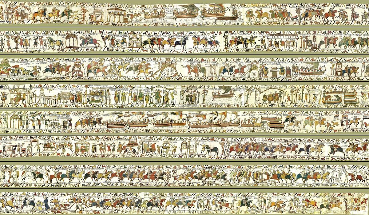 Vertical image collage of the Bayeux Tapestry.