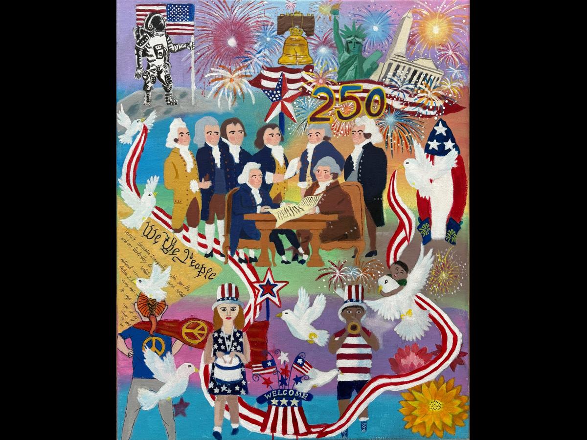 A vibrant collage painting celebrating American history, featuring stylized portraits of Founding Fathers, iconic symbols like the Liberty Bell and Statue of Liberty, a "250" logo, fireworks, and various figures amidst stars, stripes, and doves.