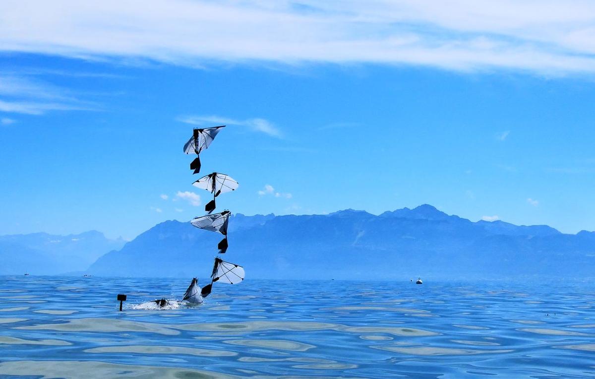 A photo collage shows the flight arc of the robot, as it leaves the water and soars into the air.