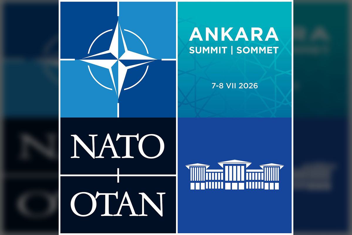 NATO Summit 2026 Logo A four-paneled graphic logo for the 2026 NATO Summit in Ankara. The top-left quadrant features the blue and white NATO compass star; the top-right lists "ANKARA SUMMIT | SOMMET" with the dates "7-8 VII 2026" on a teal background; the bottom-left shows the names "NATO" and "OTAN" in white text; and the bottom-right features a white architectural illustration of a classical building against a dark blue background.