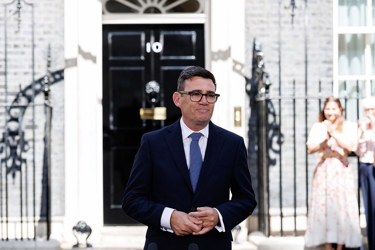 Prime Minister Andy Burnham arrives at 10 Downing Street, London, United Kingdom, and July 202, 2026. Mr. Burnham is seen standing in front of the iconic door to 10 Downing Street.
