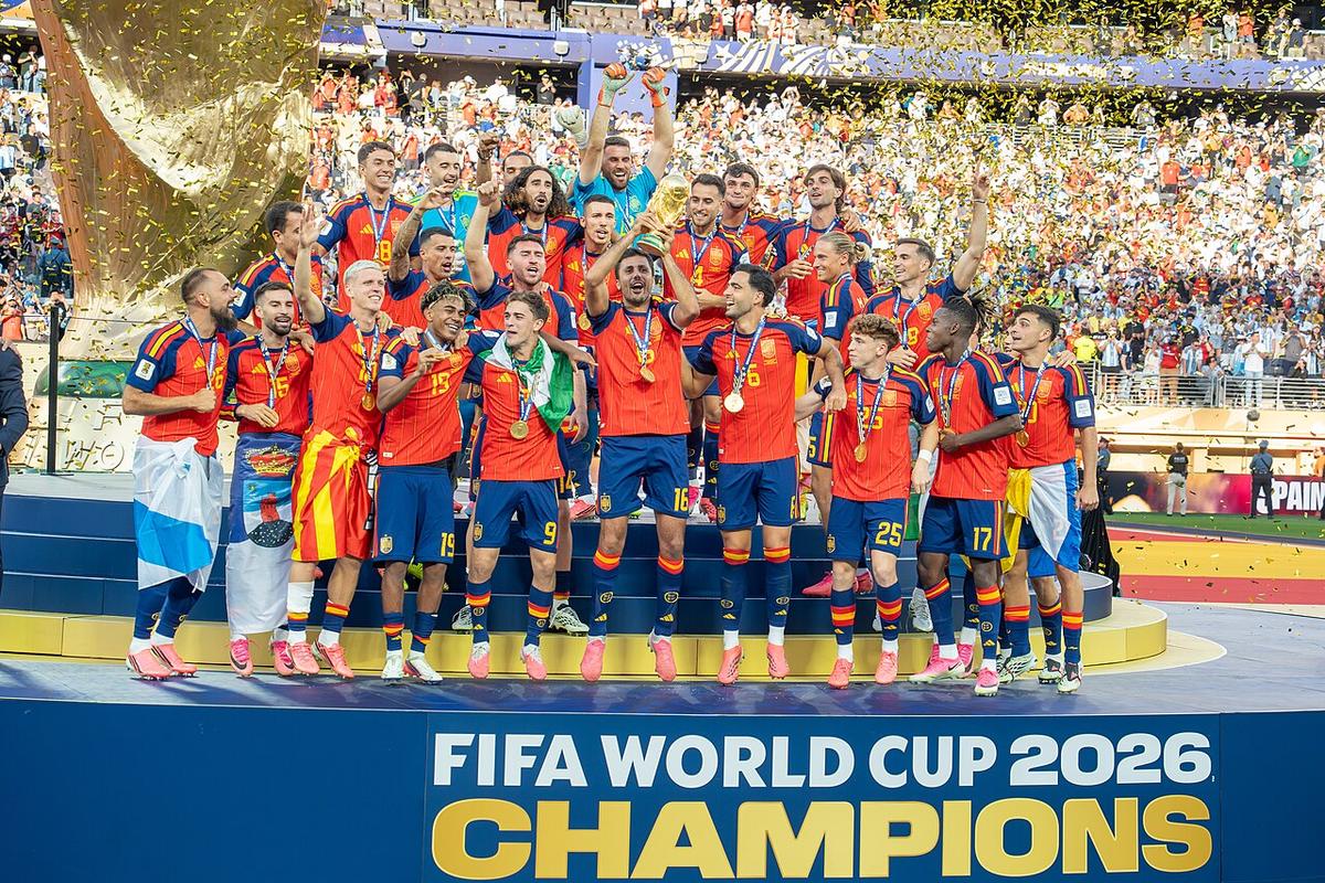 Spain lifting the World Cup trophy after their victory over Argentina 19 in the FIFA World Cup Final on July 19, 2026.